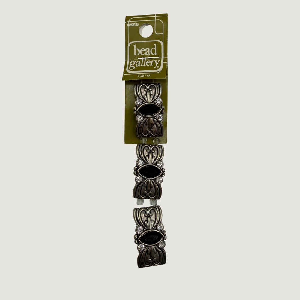 Bead Gallery 3pc Metal Glass Sliders Silver Tone Black Rhinestone Filigree 96900